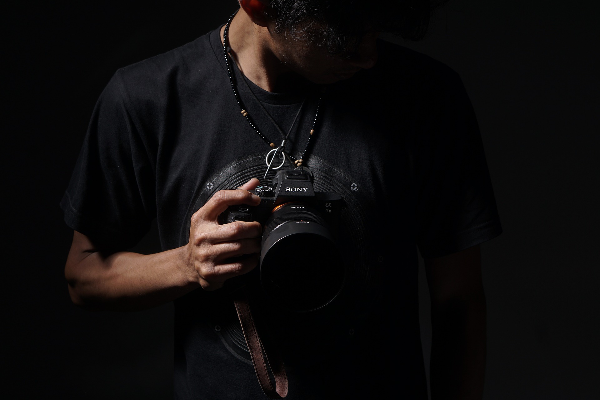 a person holding a sony a7ii at chest height.